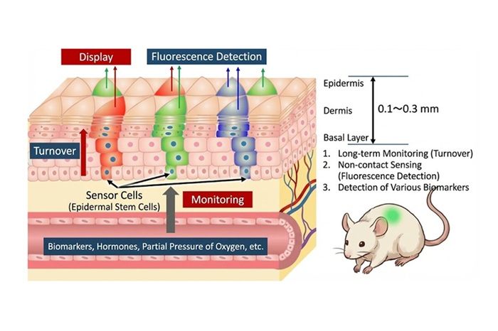 Image: The implanted “living skin” lights up to signal health changes (Photo courtesy of University of Tokyo)