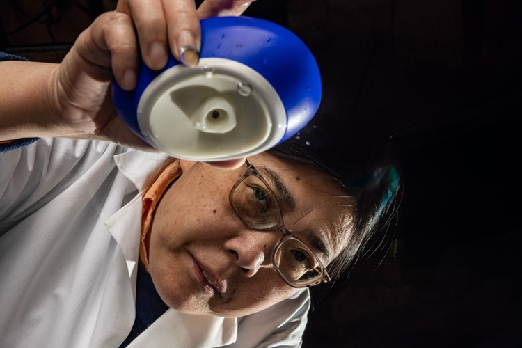 Image: Mizzou researcher Hongmin Sun demonstrating the new device that gives antibiotics via mist (Photo courtesy of University of Missouri)