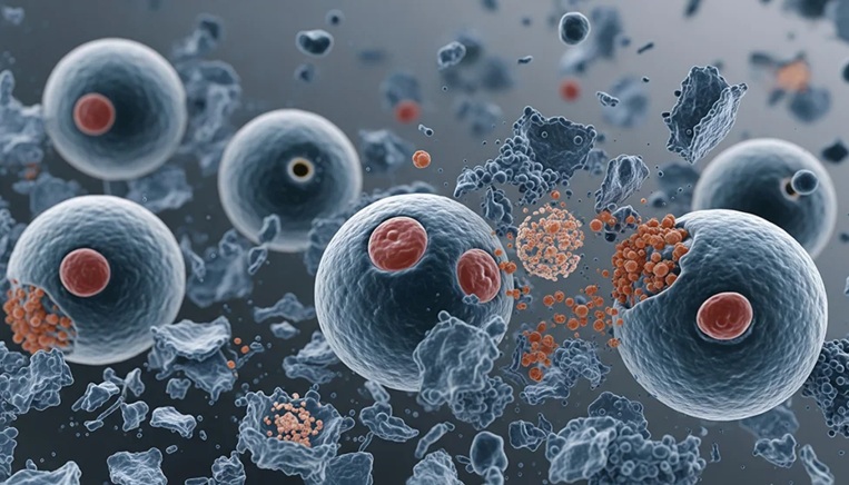 Image: An artistic drawing of cells dying through apoptosis, a natural process that can be synthetically triggered through the use of PROTACs (Photo courtesy of Duke University)