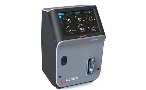 Image: The HemoSonics Quantra Hemostasis System provides comprehensive blood analysis, delivering rapid, real-time coagulation insights at the point of need. Quantra is the first and only cartridge-based, FDA-cleared viscoelastic testing (VET) platform for obstetrics. (Photo courtesy of HemoSonics)