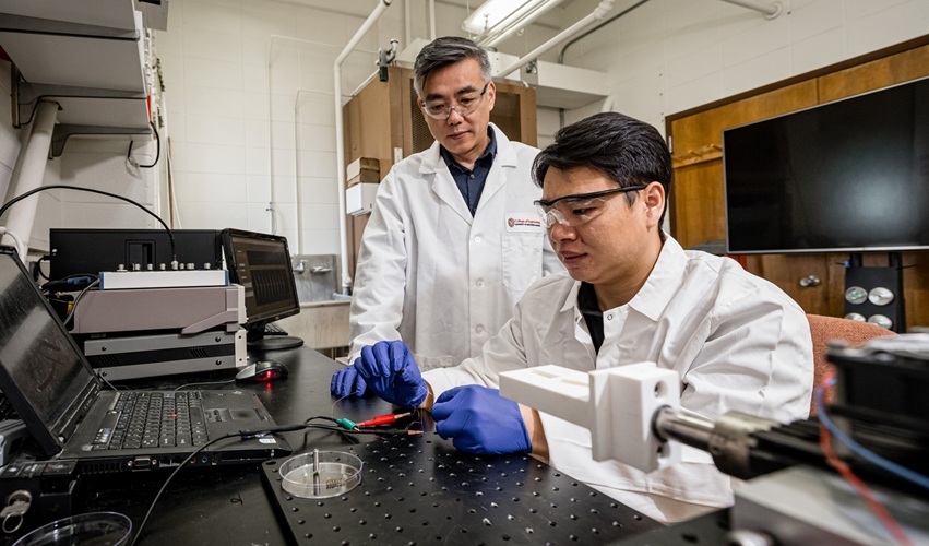 Image: A new oscillating triboelectric nanogenerator developed by Professor Xudong Wang and postdoctoral scholar Pengfei Chen could power a pacemaker for a patient\'s entire life, no batteries needed. (Photo courtesy of Joel Hallberg / UW–Madison)