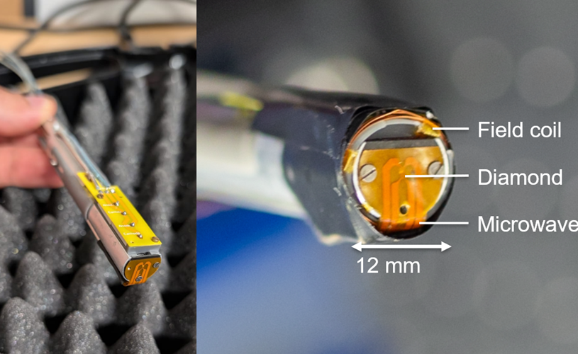 Image: Diamond sensor in the lab (left) and close-up of the head with dimensions (Photo courtesy of Arne Wickenbrock)