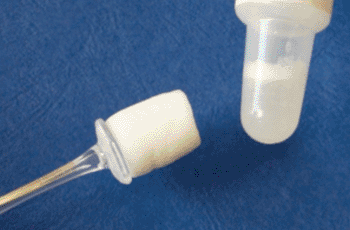 Image: The Saliva SmokeScreen test includes a saliva collecting device which consists of a white collecting swab and vial (Photo courtesy of GFC Diagnostics).