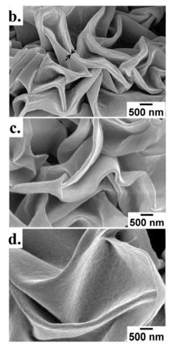 Image:  Close-up images of the new metal-coated shrink-wrap nanostructures taken with a scanning electron microscope (SEM). Each image depicts the shrink-wrap surface with metal-coating made of a fixed amount of nickel (5 nm) and different thicknesses of gold:  Top: 10 nm thick. Middle: 20 nm thick. Bottom: 30 nm thick. The black arrows in the top image indicate a nanogap (Photo courtesy of Optical Materials Express).