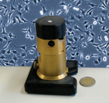 Image: No bigger than a soda can, the small-scale incubator microscope is a space-saving and cost effective solution for time-lapse observation of cell cultures (Photo courtesy of Fraunhofer IBMT).