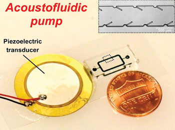 Image: An acoustically powered pumping device with 250 micron long oscillating structures driven by a piezoelectric transducer mounted on a glass slide shown next to US copper penny (Photo courtesy of Po-Hsun Huang and Tony Jun Huang).