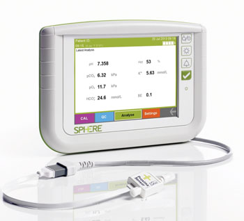 Image: The new Proxima in-line patient-dedicated arterial blood gas analyzer incorporates the Proxima Sensor (in foreground) and a dedicated bedside monitor (Photo courtesy of Sphere Medical).
