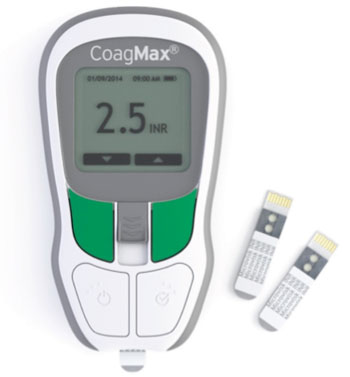 Image:  The CoagMax PT/INR system – the first to incorporate solid-state, MEMS technology into a disposable diagnostic test strip – enables rapid-test monitoring of blood clotting speed in an easy-to-use, portable format. Left: The CoagMax reader with inserted strip; Right: Two PT/INR sensor strips (Photo courtesy of Microvisk).