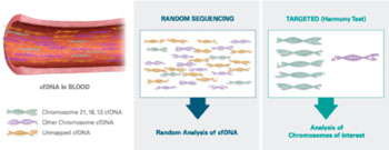 Image: In contrast to tests that use MPSS (massively parallel shotgun sequencing), randomly sequencing all cell-free DNA (cfDNA), the Harmony test focuses on cfDNA from the chromosomes of interest. This unique, directed approach allows deeper analysis and ultimately yields more accurate results (Photo courtesy of Ariosa Diagnostics).