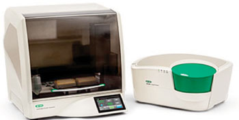 Image: The AutoDG Droplet Generator (left) with the QX200 Droplet Digital PCR System (right) (Photo courtesy of Bio-Rad).
