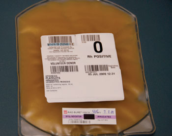 Image: A unit of typed platelets for transfusion (Photo courtesy of Seth Eisenberg, RN).