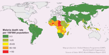 Image: Global malaria death rates (Photo courtesy of the WHO Global Malaria Program).