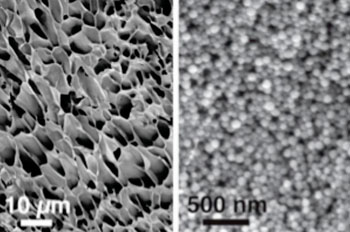 Image: Scanning electron microscopy images, taken at different magnifications, show the structure of new hydrogels made of nanoparticles interacting with long polymer chains. (Photo courtesy of Massachusetts Institute of Technology).