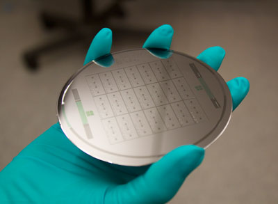 Image: Wafers like the one shown here are used to create “organ-on-a-chip” devices to model human tissue (Photo courtesy of Dr. Anurag Mathur, University of California, Berkeley).