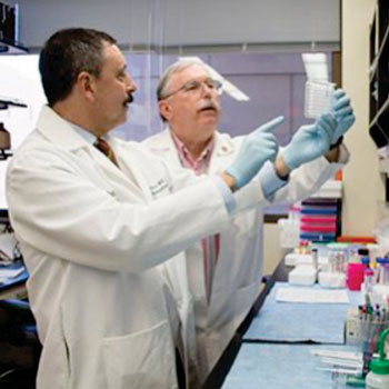 Image: Investigators evaluate results of the AQP1 ELISA, part of a noninvasive method to screen for kidney cancer by measuring the presence of protein biomarkers in the urine (Photo courtesy of the Washington University School of Medicine).
