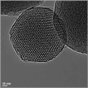 Image: TEM (transmission electron micrograph) of a mesoporous silica nanoparticle (Photo courtesy of Wikimedia Commons).
