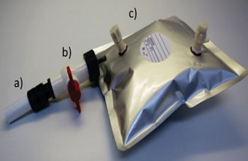 Image: Cardboard mouthpiece (a), chamber with red valve (b) and 3-L impermeable gas bag (c) used to collect breath samples (Photo courtesy of the Commonwealth Scientific and Industrial Research Organization).