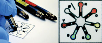 Image: Color-in chemistry—a novel set of “reagent pencils” applies coloring-book approach that offers a new option for simple, customized point-of-care diagnostics and other chemical testing applications (Photo courtesy of Mitchell HT et al., 2015, and the journal Lab on a Chip/RSC).