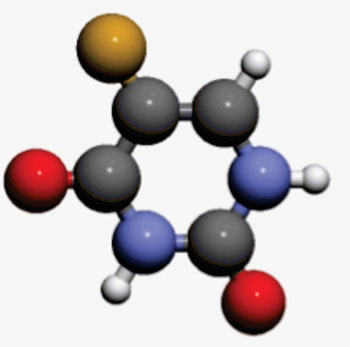 Image: Molecular model of the anti-cancer drug 5-fluorouracil (Photo courtesy of Wikimedia Commons).