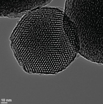 Image: TEM (transmission electron micrograph) of a mesoporous silica nanoparticle (Photo courtesy of Wikimedia Commons).