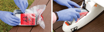 Image: (3) Left: Placement of first bio-hazard bag inside the second bio-hazard bag. (4) Middle-right: Placement of double-wrapped payload in the fuselage (Photo courtesy of Johns Hopkins Medicine and PLOS One).