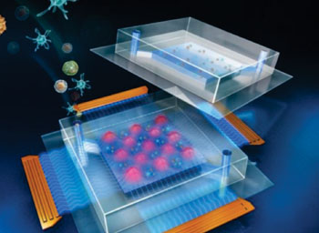 Image: Schematics of the reusable acoustic tweezers device (bottom) with a disposable microfluidic laboratory for cell manipulation and disease diagnosis (Photo courtesy of Penn State University).