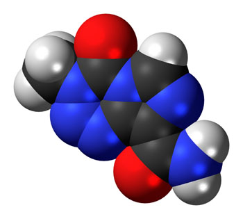 Image: Space-filling model of the anticancer drug temozolomide (Photo courtesy of Wikimedia Commons).