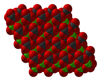 Image: Space-filling model of part of the crystal structure of calcium carbonate, CaCO3 (Photo courtesy of Wikimedia Commons).