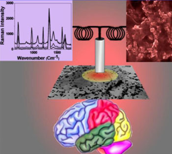 Image: Illustration of a protocol showing a pathway to develop core-shell nanoparticle/hybrid graphene oxide based multi-functional platform label-free SERS detection of β-amyloid toward developing a portable point-of-care blood test to monitor Alzheimer’s disease progression (Figure courtesy of Teresa Demeritt et al., 2015, ACS Appl. Mater. Interfaces; Copyright ACS-2015).