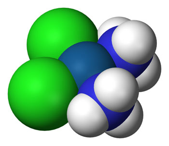 Image: A three-dimensional model of the cisplatin molecule (Photo courtesy of Wikimedia Commons).