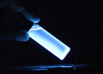 Image: A new citrate-based material, made with naturally fluorescing polymer nanoparticles, can now be used for highly sensitive detection of chloride, a key marker of cystic fibrosis (Photo courtesy of the Yang Laboratory, Penn State University).