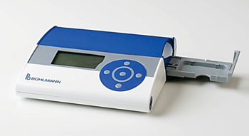 Image: The Quantum Blue rapid test allow for the immediate measurement of fecal calprotectin (Photo courtesy of Bühlmann Laboratories).