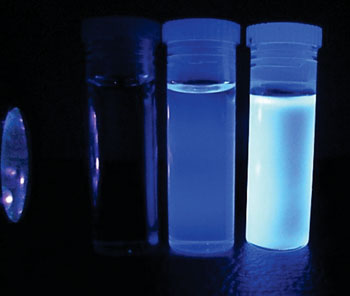 Image: Naturally fluorescing particles in body fluid samples were used to diagnose cystic fibrosis (Photo courtesy of Pennsylvania State University).