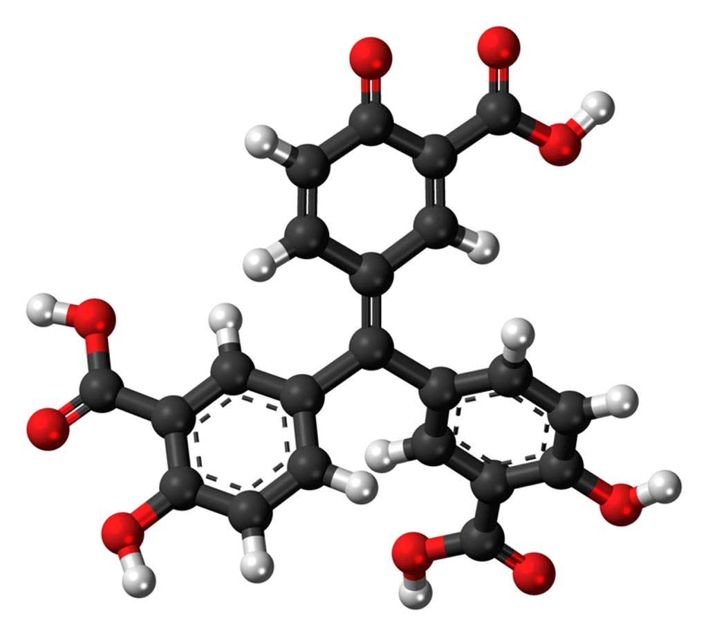 Image: A ball-and-stick model of the aurintricarboxylic acid (ATA) molecule (Photo courtesy of Wikimedia Commons).