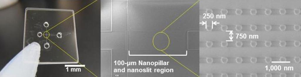 Image: Ultrafast electrophoretic microRNA extraction from a nucleic acids mixture using quartz nanopillars of 250-nanometer diameter arrayed inside a 100-nanommeter high nanoslit region (Photo courtesy of Dr. Noritada Kaji, Nagoya University).