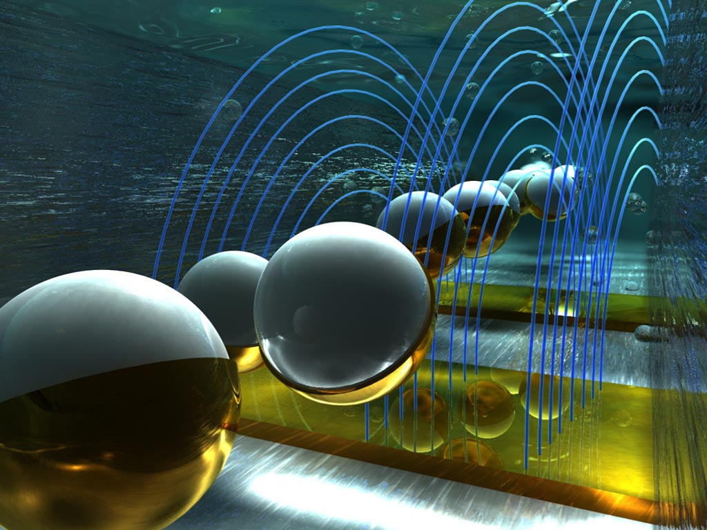 Image: An artist’s rendition of microparticles flowing through a channel and passing through electric fields, where they are detected electronically and barcode-scanned (Photo courtesy of Ella Marushchenko and Alexander Tokarev, Ella Maru Studios).