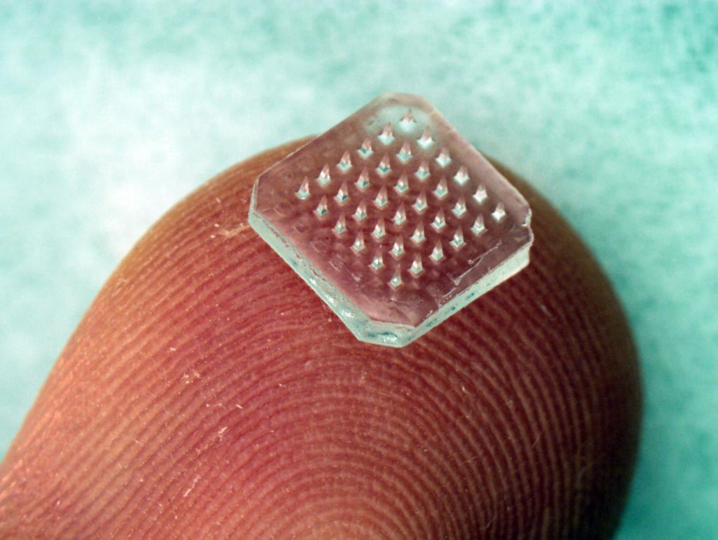 Image: Biodegradable microneedle patch used to administer influenza booster immunization (Photo courtesy of Georgia State University).