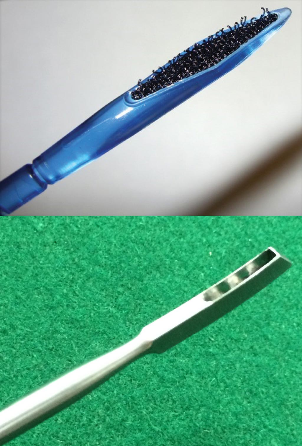 Image: The new fabric-based Velcro-like device (top), and the currently used standard metal scraping-device (bottom) (Photo courtesy of J. Diedrich, UC Riverside).