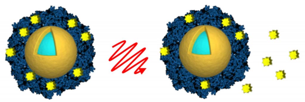 Image: Investigators loaded light-activated nanoshells (gold and light blue) with the anticancer drug lapatinib (yellow) by encasing the drug in an envelope of albumin (blue). Light from a near-infrared laser (center) was used to remotely trigger the release of the drug (right) after the nanoshells were taken up by cancer cells (Photo courtesy of A. Goodman, Rice University).