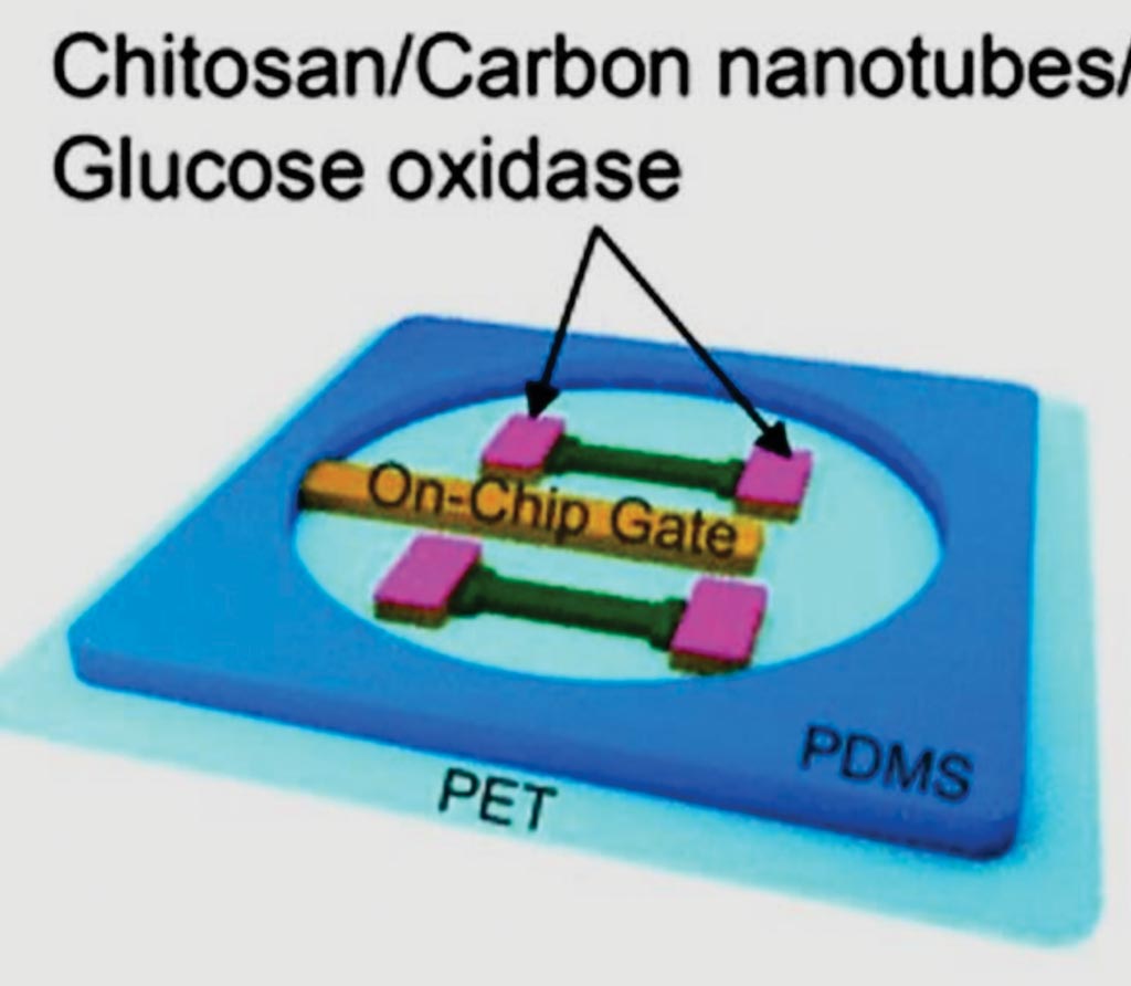 Image: The biosensor uses nanoribbons of indium oxide, an enzyme glucose oxidase, a natural chitosan film and single-walled carbon nanotubes to track glucose levels (Photo courtesy of University of Southern California).