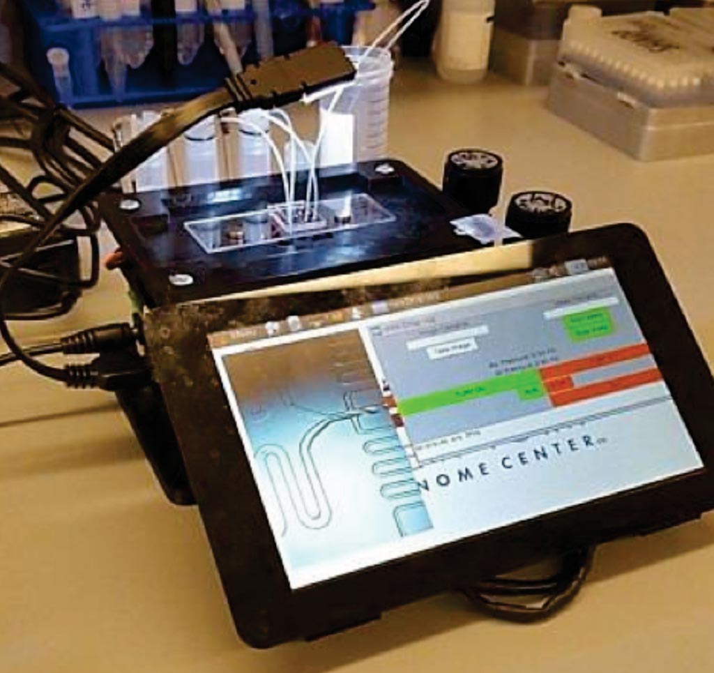 Image: The microfluidic control instrument performing a Drop-seq run (Photo courtesy of the New York Genome Center).