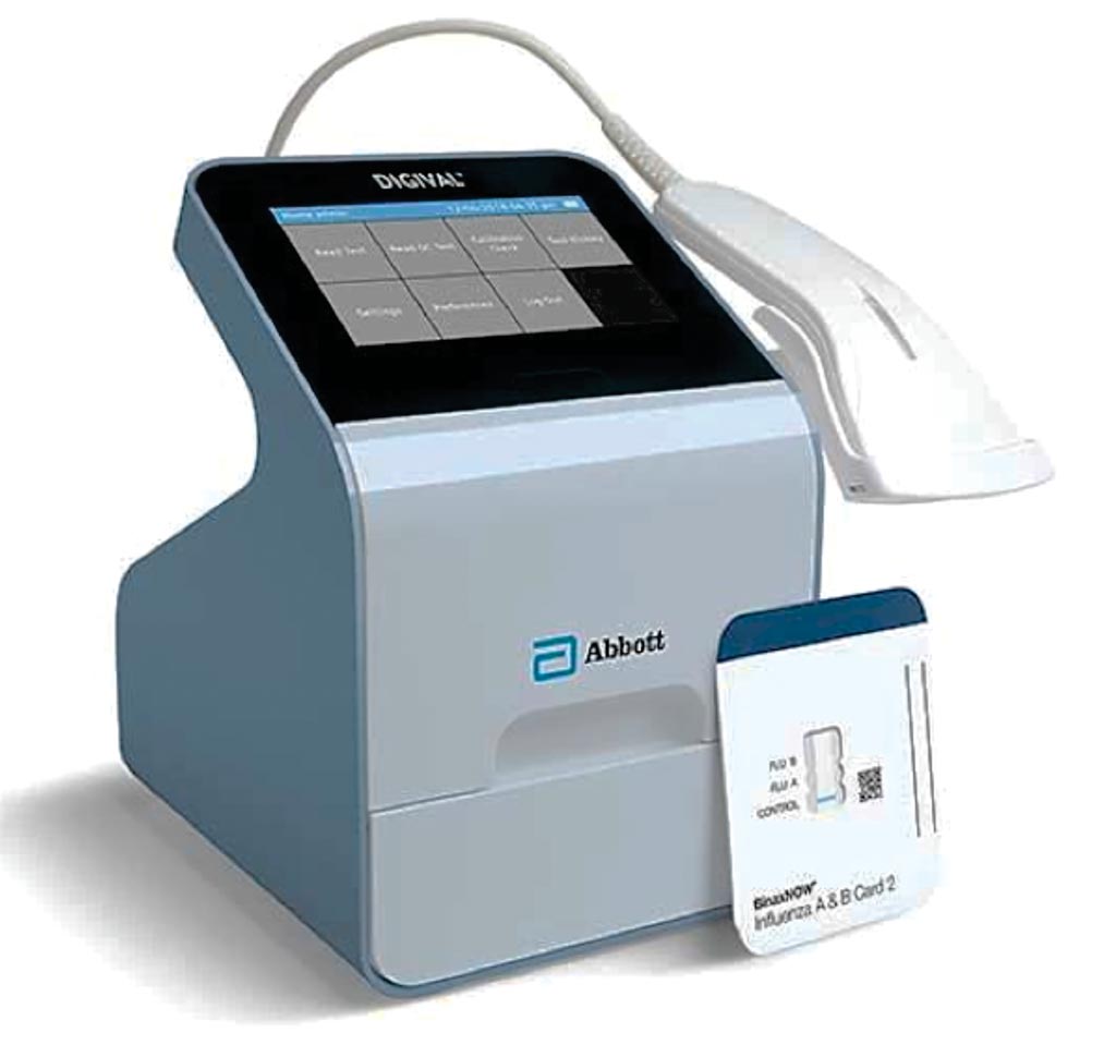 Image: The BinaxNOW Influenza A & B Card 2 and Digival reader (Photo courtesy of Abbott).