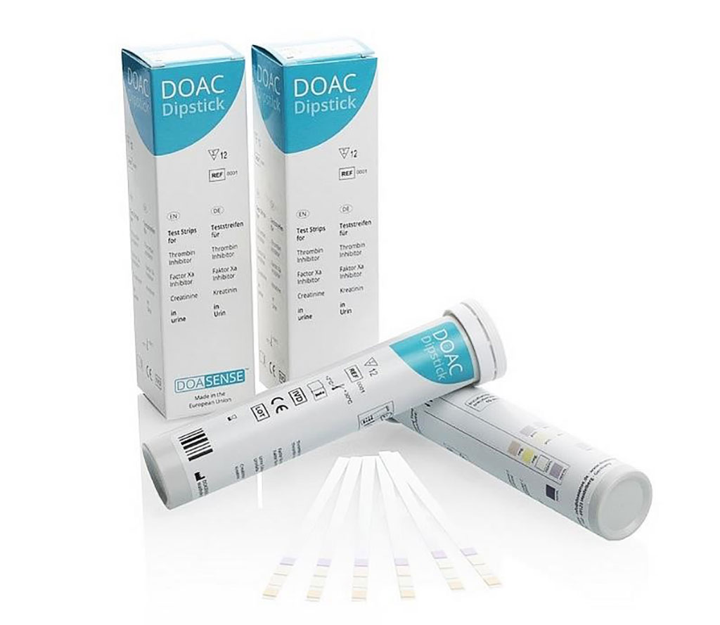 Image: The DOAC dipstick is a diagnostic urine test strip, which is intended for qualitative detection of the absence or presence of direct oral anticoagulants (DOACs: Dabigatran, Apixaban, Edoxaban and Rivaroxaban) in human urine by visual identification of colors (Photo courtesy of DOASENSE GmbH).