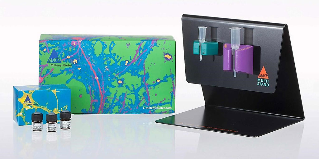 Image: MACS cell separation kit uses a combination of superparamagnetic nano-sized beads and a very high magnetic gradient in MACS Columns (Photo courtesy of Miltenyi Biotec).