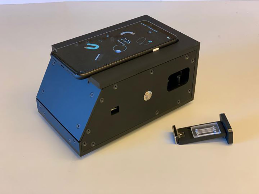 Image: A photo of a device attached to an ordinary smartphone that can detect the presence of SARS-CoV-2 in a nasal swab (Daniel Fletcher and Melanie Ott)