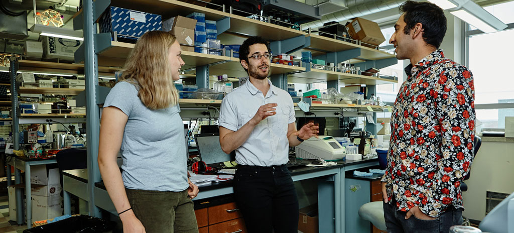 Image: Researchers in the Blake Wiedenheft Lab, from left, Laina Hall, undergraduate research assistant, Andrew Santiago-Frangos, postdoctorate fellow, and Pushya Krishna, undergraduate research assistant, helped repurpose a CRISPR system to make rapid, accurate COVID-19 test. (Photo courtesy of Adrian Sanchez-Gonzalez)