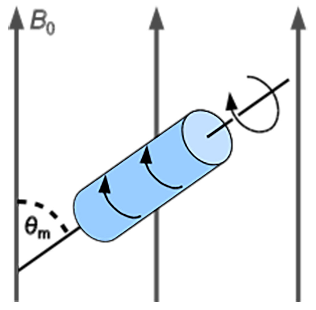 Image: Magic-Angle-Spinning (MAS) nuclear magnetic resonance (NMR) was used to establish the lung cancer predictive model. The sample (blue) is rotating with high frequency inside the main magnetic field (B0). It is tilted by the magic angle θm with respect to the direction of the magnetic field orientation (Photo courtesy of Wikimedia Commons)