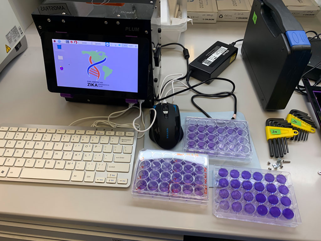 Image: A `lab-in-a-box`, the PLUM reader (Portable, Low-cost, User-friendly, Multimode), presents results from up to 384 patient samples and displays them in a single image capture (Photo courtesy of Livia Guo, LSK Technologies)