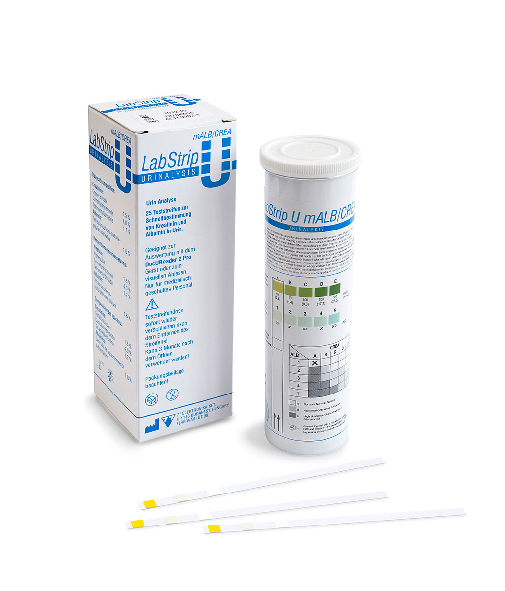 Image: The LabStrip U mALB/CREA urine test strips are in vitro medical diagnostic devices for professional use (Photo courtesy of 77 Elektronika)