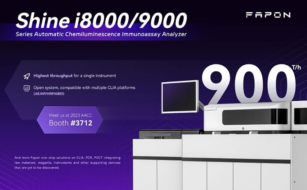 Image: The Shine i8000/9000 series automatic chemiluminescence immunoassay analyzer is on display at AACC 2023 (Photo courtesy of Fapon)